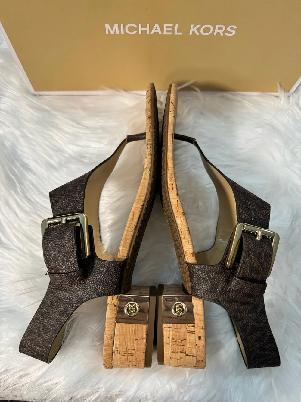 Michael Kors NEW Brown MK Logo Cork Thong Sandals with Gold Buckle